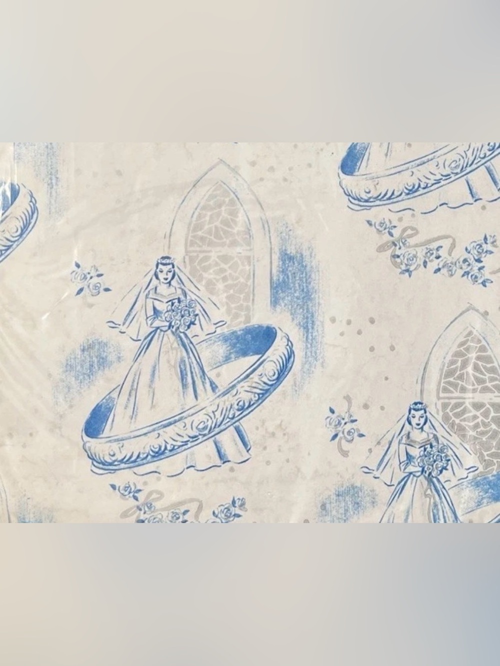 Vtg Blue White Bridal Shower Gift Wrap 1950s Wedding Paper Sealed
 Romantic